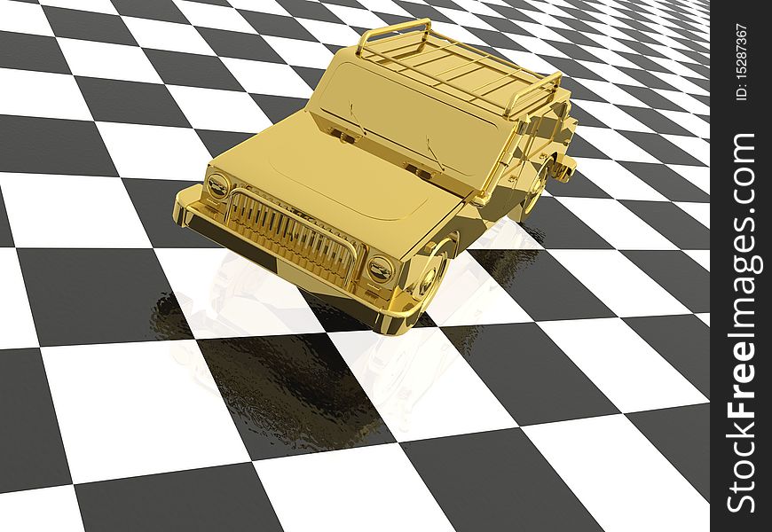 Gold car on checkered black and white reflective background.