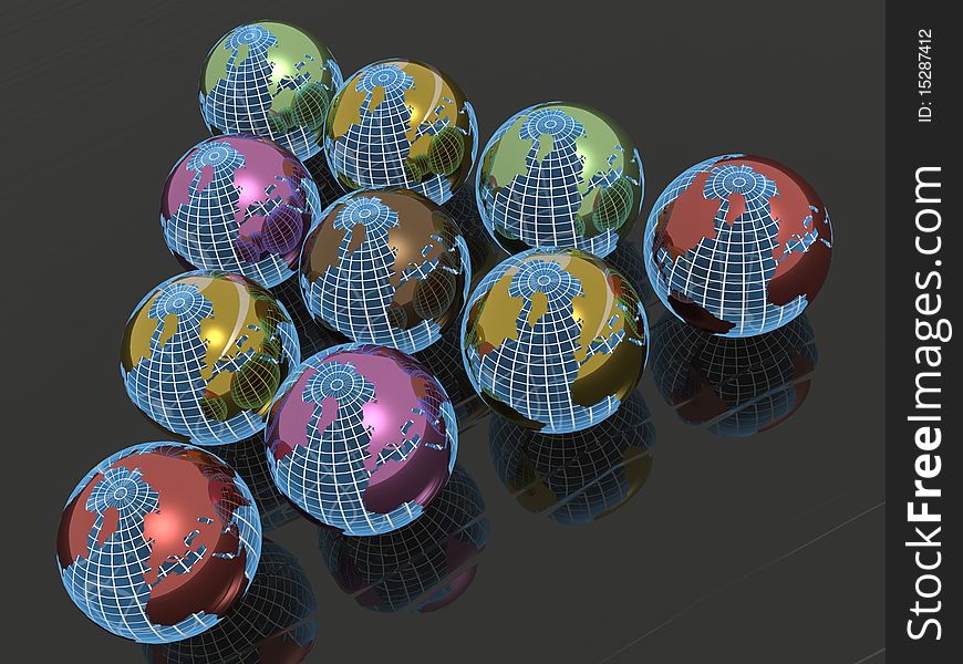 Colored earth balls on black reflective background.