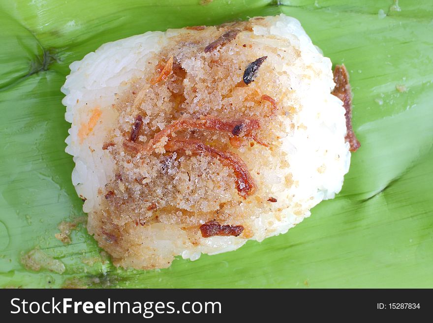 Fish and suger on sticky rice. Thai style sweet desserts.