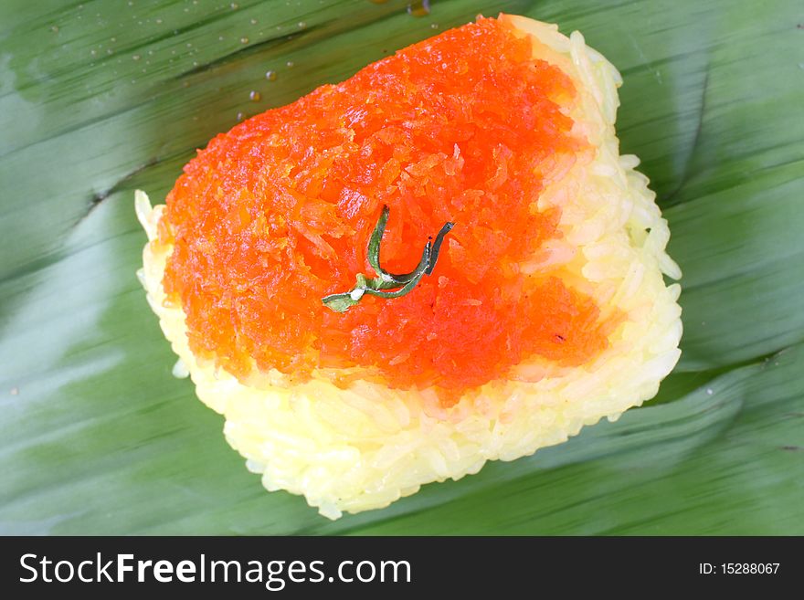Shrimp and shred coconut on sticky rice. Thai style sweet desserts.