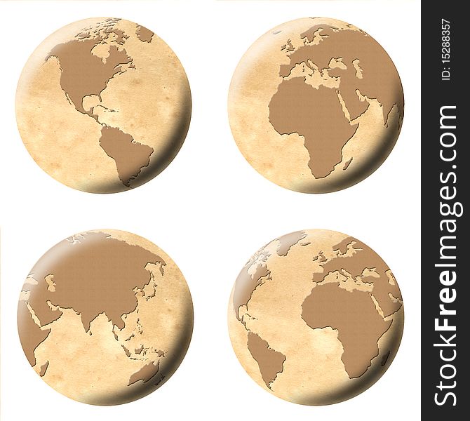 Globe of world old style. four different views. white background for easy clipping. Globe of world old style. four different views. white background for easy clipping