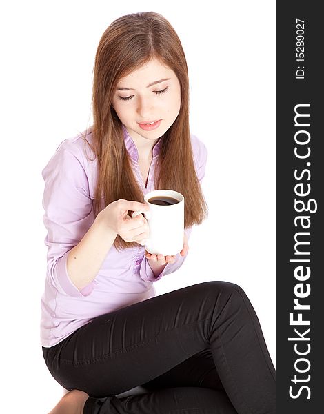 Young girl with mug with coffee. Isolated on white background