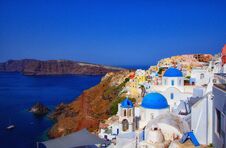 Blue And White Colours Of Oia City. Magnificent Panorama Of The Island Of Santorini Greece During A Beautiful Sunset In The Medite Royalty Free Stock Image