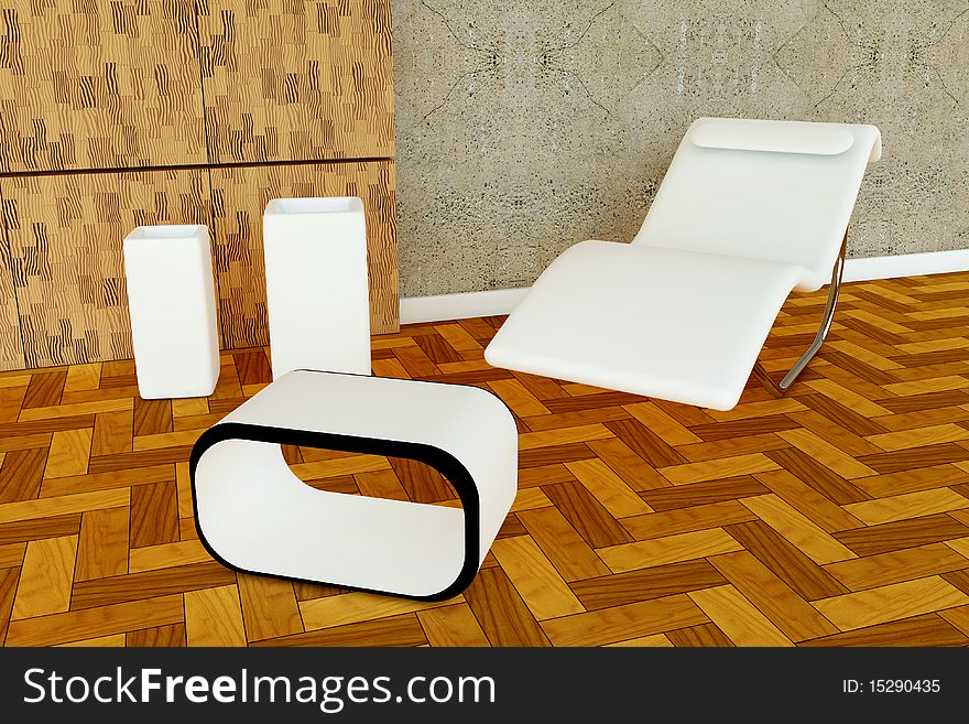 3d rendered armchair with two white vase and modern table. 3d rendered armchair with two white vase and modern table