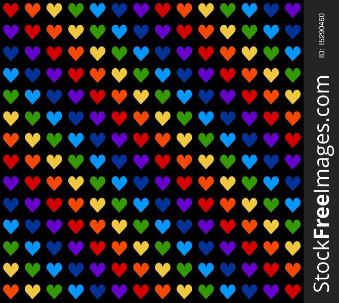 Black background with hearts , that have rainbow colors . The width and height of the one heart are 400 px . Black background with hearts , that have rainbow colors . The width and height of the one heart are 400 px .