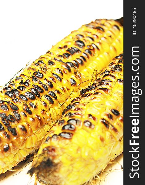 Two newly grilled corn on white background.