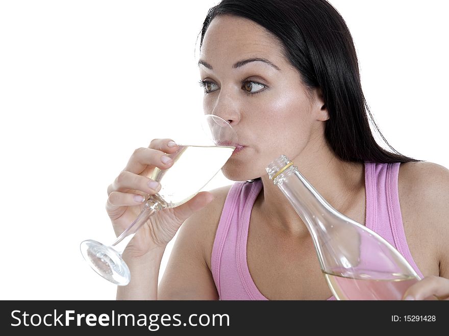 Woman trying to quickly drink her champagne/wine. Woman trying to quickly drink her champagne/wine