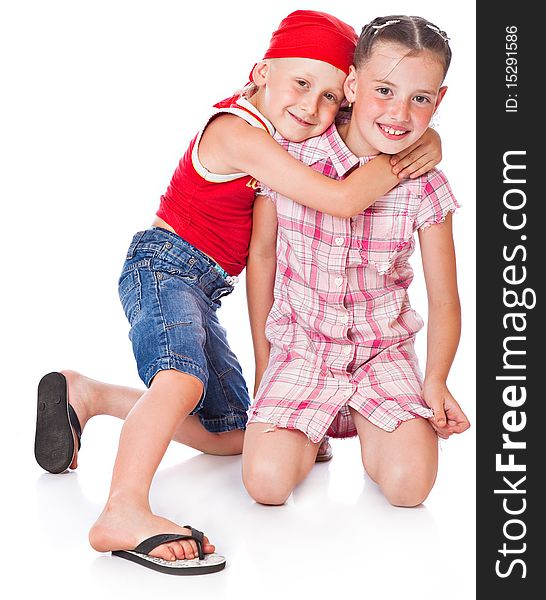 Brother and sister. Isolated on white background