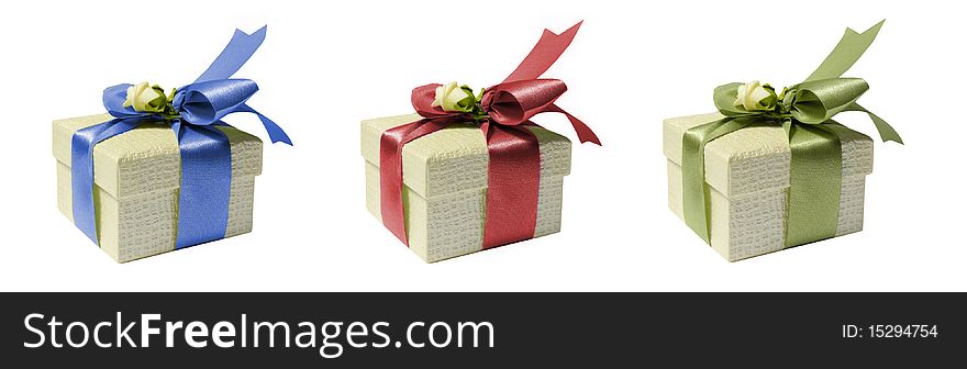 Gift boxes with  ribbon and a rose isolated on a white background