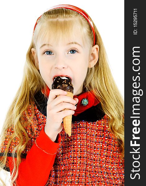 Little girl is eating chocolate ice-cream. Isolated over white background. Little girl is eating chocolate ice-cream. Isolated over white background.