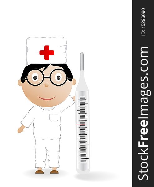 The boy in the medical form with the thermometer on a white background