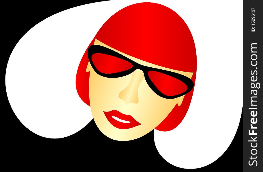 The girl, dressed in black and red glasses on a white background. The girl, dressed in black and red glasses on a white background.