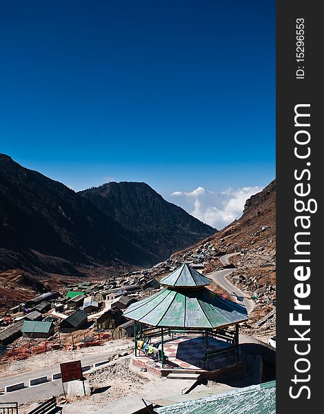 A lone pavilion nestled in Yamthung Valley, in Sikkim, India. A lone pavilion nestled in Yamthung Valley, in Sikkim, India.