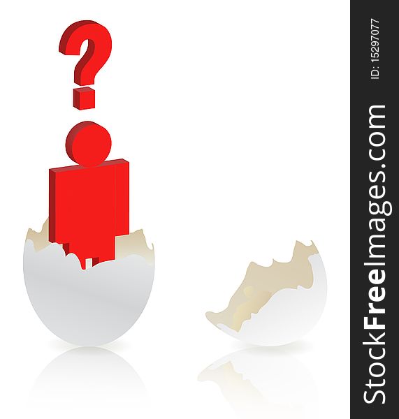 Man symbol with question mark out of white broken egg shell isolated