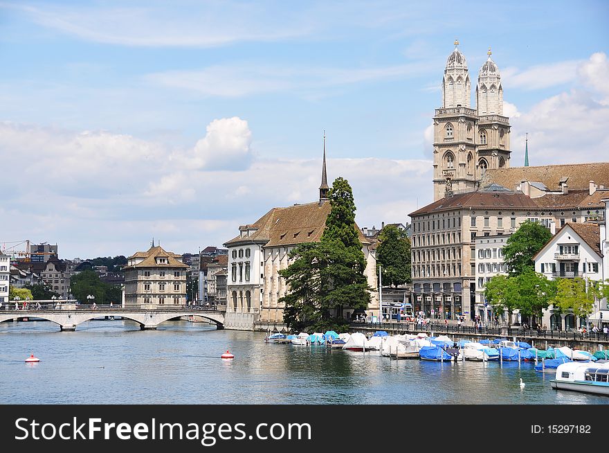 Grossmuenster church and City Hall in Zurich downtown