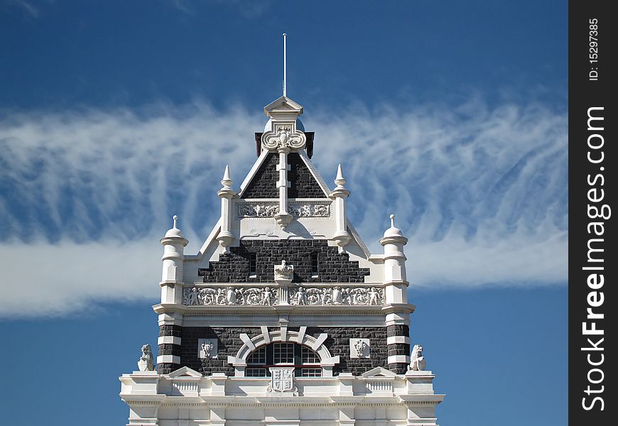 Renaissance revival architecture, closeup on blue sky background. Renaissance revival architecture, closeup on blue sky background