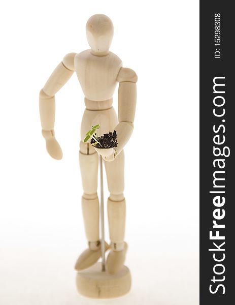 An Artist's wooden mannequin holding a tiny plant seedling, isolated on white. Concept: environmentalism, go Green. An Artist's wooden mannequin holding a tiny plant seedling, isolated on white. Concept: environmentalism, go Green