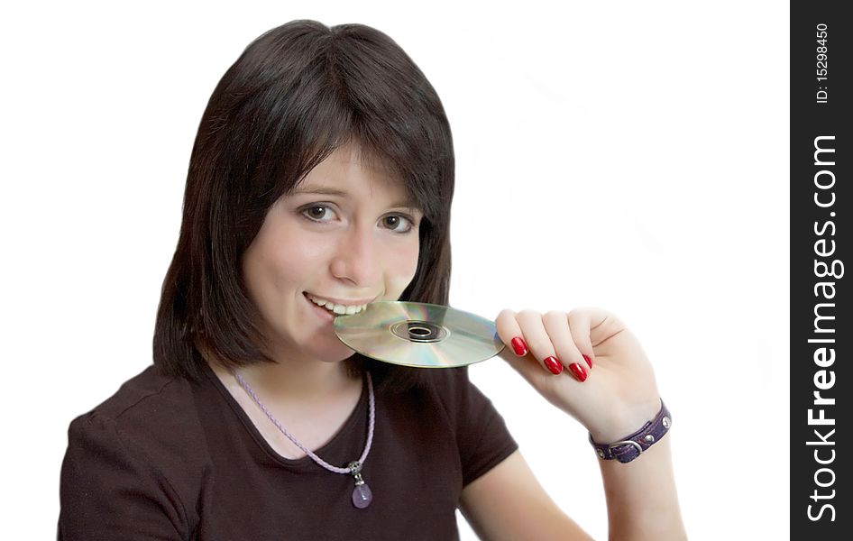 Smiling girl bites CD, isolated on white background