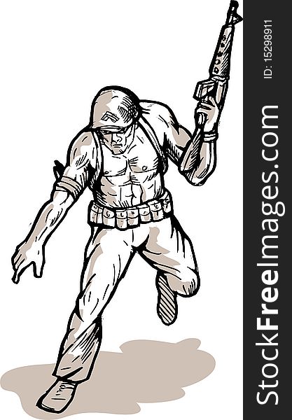 Illustration of an american soldier with armalite rifle