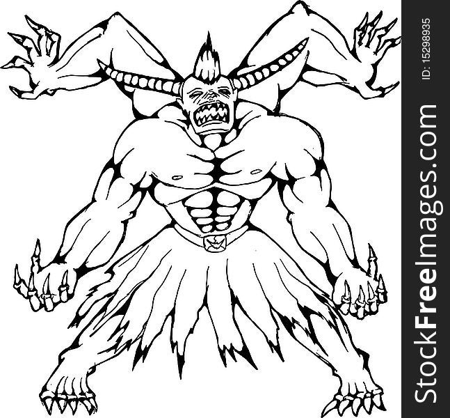 Illustration of an angry monster with four hands and horns
