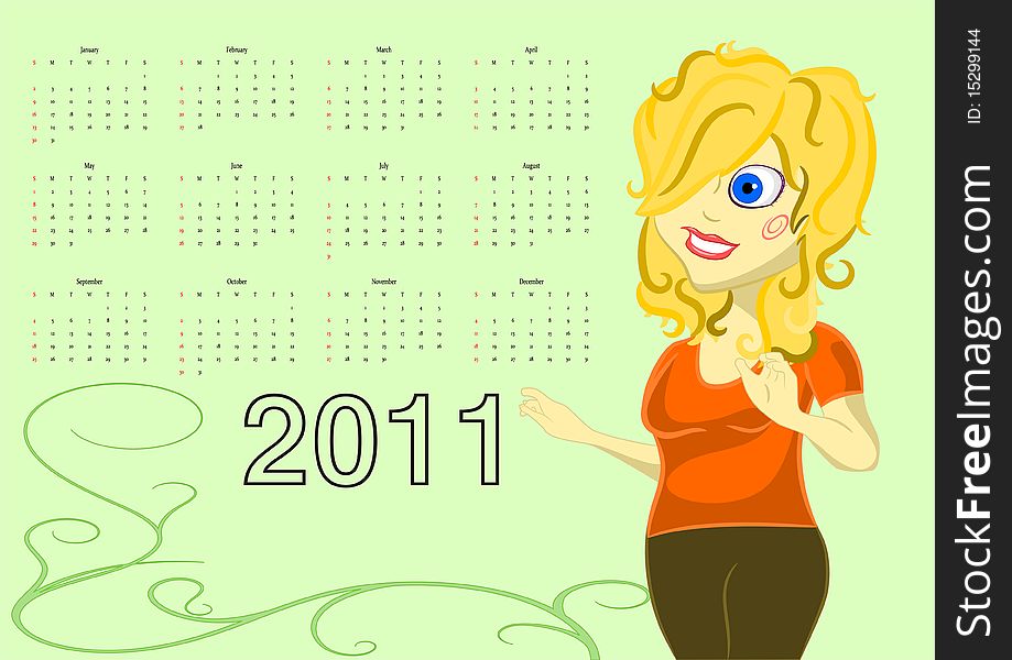 A vector 2011 Calendar with Smiling Cartoon Woman. A vector 2011 Calendar with Smiling Cartoon Woman