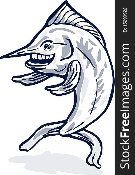 Illustration of a blue marlin cartoon pointing fins