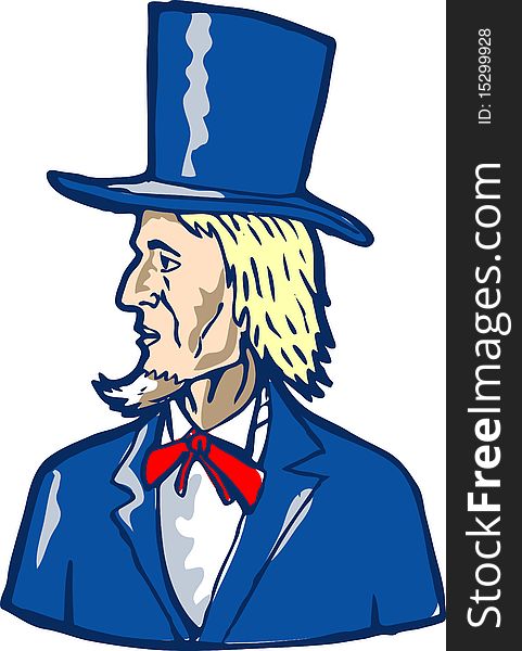 Illustration of a man with top hat looking to side