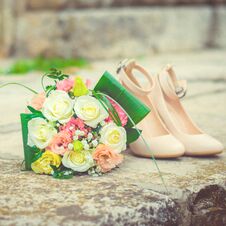 Bridal Bouquet And Shoes. Beautiful Wedding Decoration. Bride Accessories. Wedding And Marriage Stock Image