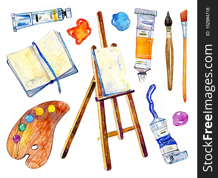 Artist materials - easel, palette, notepad, brushes and tubes. Hand drawn sketch watercolor illustration set