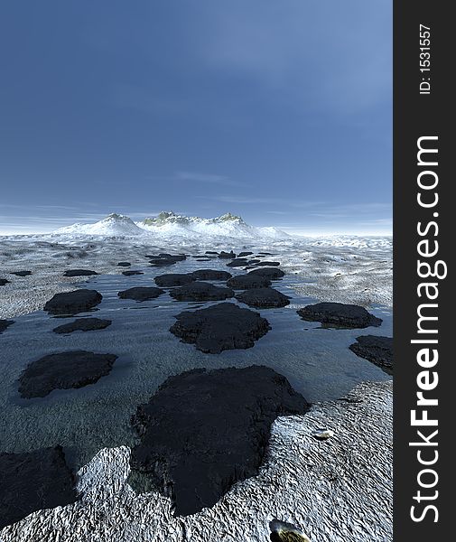 A rendering of a frozen icy mountain landscape