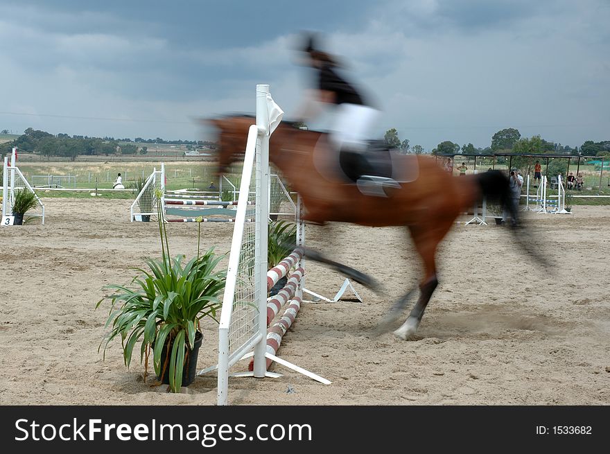 A horse jumping over an obstacle. A horse jumping over an obstacle.