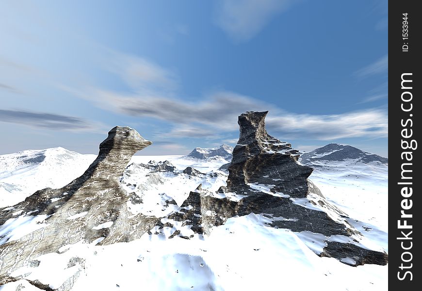 A scenic nature rendering of a snowy mountain landscape