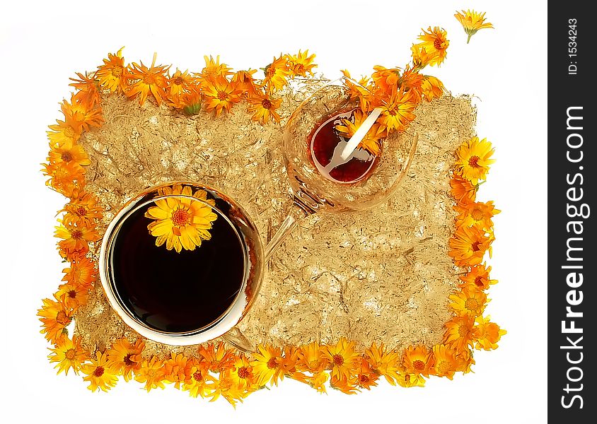 Glass of wine spangled with yellow flowers. Glass of wine spangled with yellow flowers