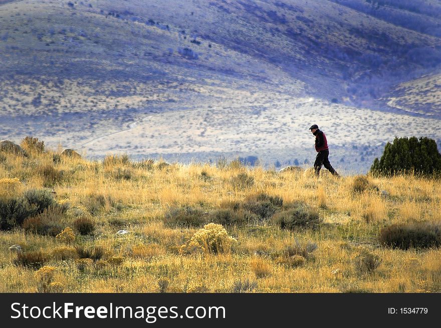 One person walking along trail with brush and mountains in background