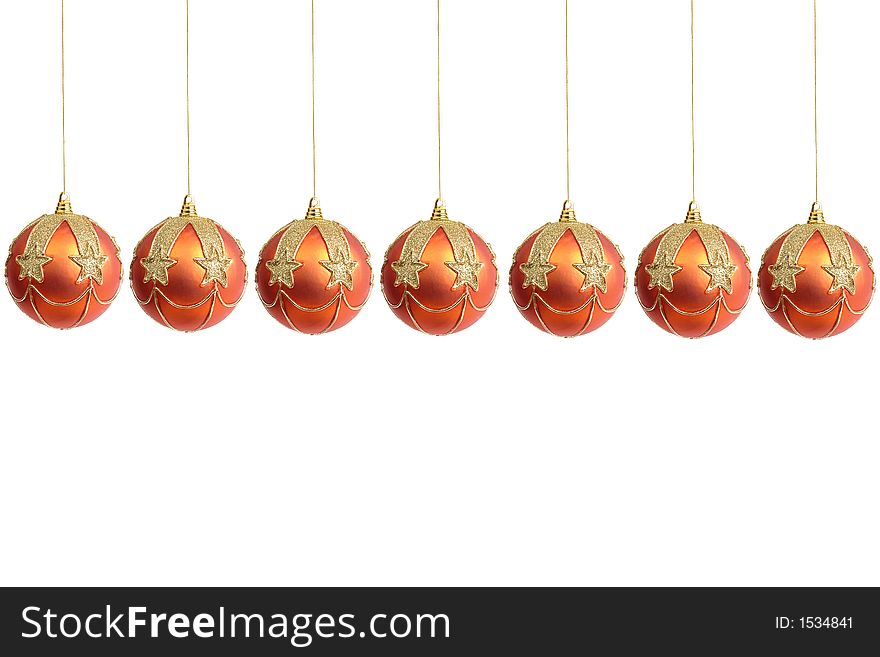 Row of christmas balls over white background. Row of christmas balls over white background