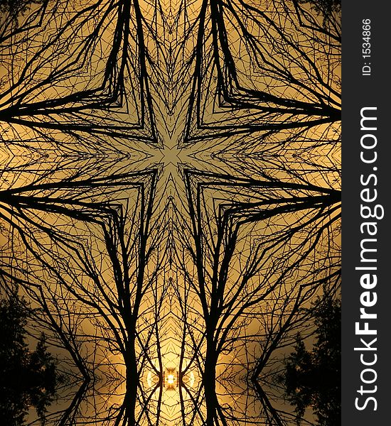 Kaleidoscope cross created from photo of tree silhouette at dawn. Kaleidoscope cross created from photo of tree silhouette at dawn