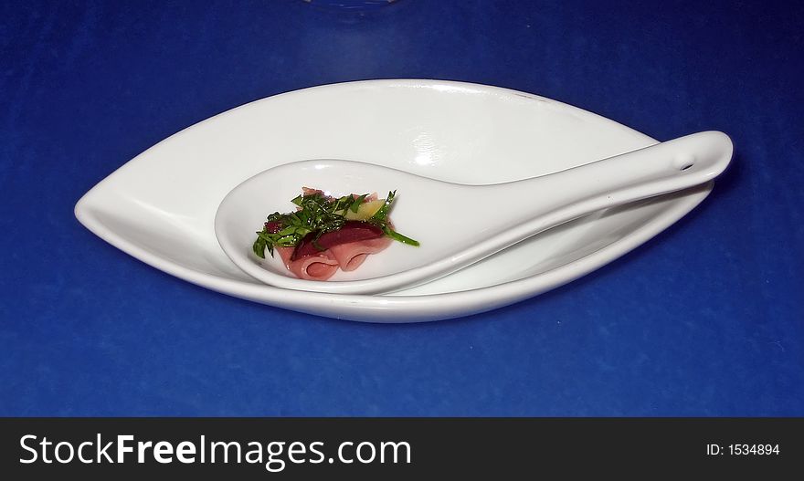 Fancy Appetizer on White Spoon and Plate