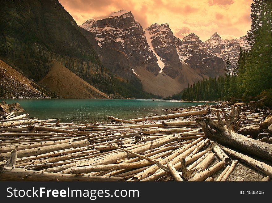 Shore line of Moraine Lake, Lake Louise, Alberta, Canada. Shore line of Moraine Lake, Lake Louise, Alberta, Canada