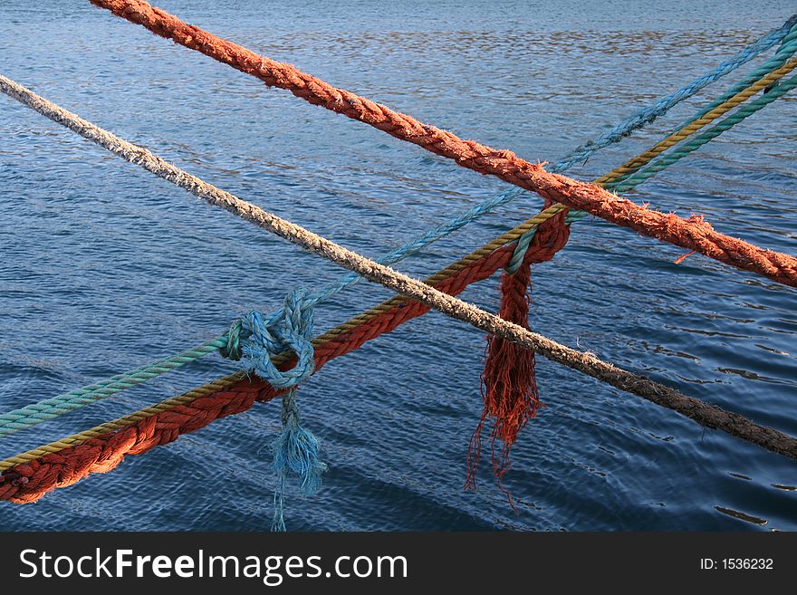 Securing ropes for ships on waterfront. Securing ropes for ships on waterfront