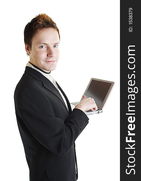 Isolated business man with laptop computer. Isolated business man with laptop computer