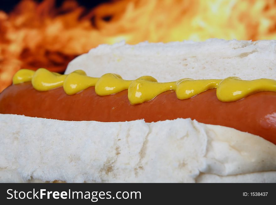 Hot dog with red sausage meat and mustard