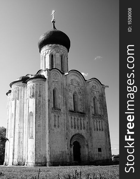 Ancient orthodox church in black and white