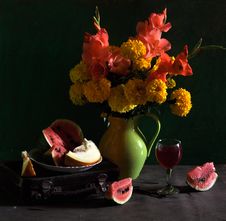 Still Life With Marigolds And Gladioluses Stock Image Still Life With Marigolds And Gladioluses Stock Image