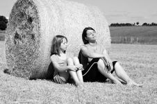 Happy People Relaxing In Nature On Hay Bales Stock Photos Happy People Relaxing In Nature On Hay Bales Stock Photos