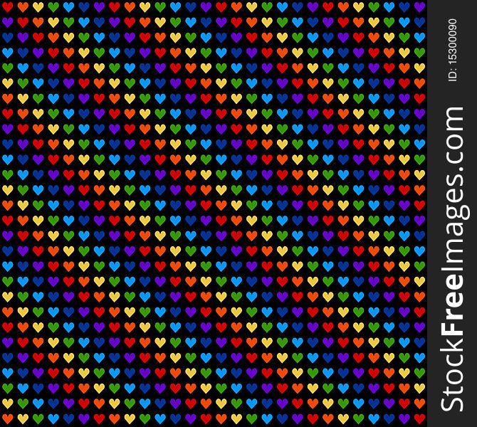 Black background with hearts , that have rainbow colors . The width and height of the one heart are 200 px . Black background with hearts , that have rainbow colors . The width and height of the one heart are 200 px .