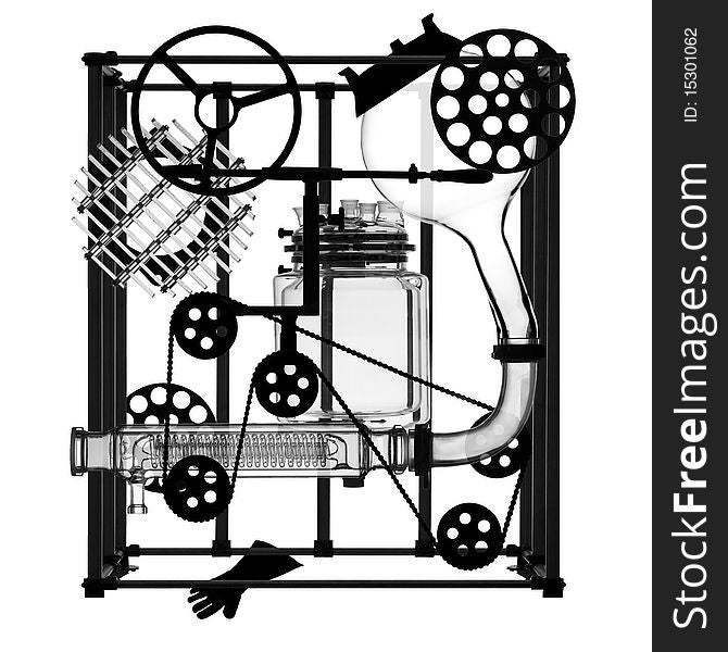 Montage of scientific laboratory glass sihlouetted against white background composed to look like machine parts