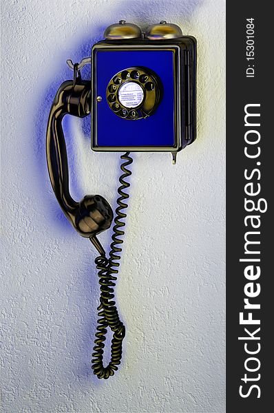 Blue Antique Wall phone with clapper-bells, rotary dial. Blue Antique Wall phone with clapper-bells, rotary dial