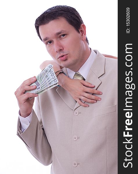 Adult caucasian businessman with money, females hand, Sex for money. White background.