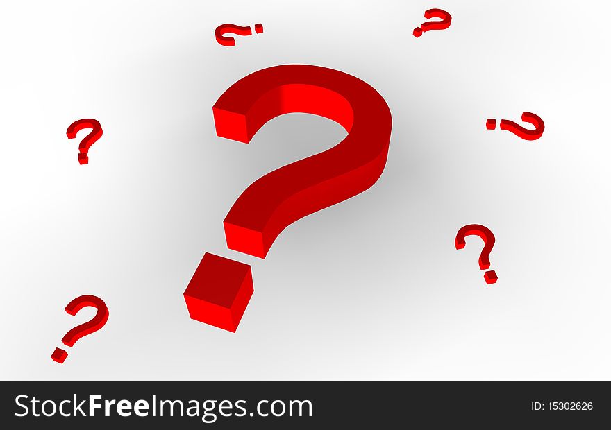 Big question mark surrounded by 6 little questions marks in red. 3D render. Big question mark surrounded by 6 little questions marks in red. 3D render.