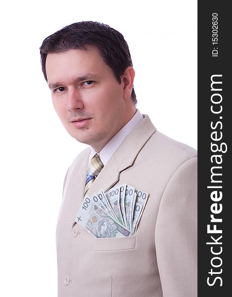 Caucasian businessman in white suit, and pocket full of money. White background. Caucasian businessman in white suit, and pocket full of money. White background.